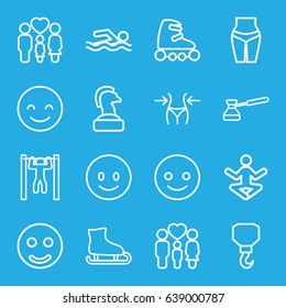Figure icons set. set of 16 figure outline icons such as slim, hook, bar   tightening, family, turk, skate rollers, smiling emot, smile, waist fitness, swimming man, yoga