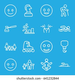 Figure icons set. set of 16 figure outline icons such as slim, hook, turk, swimmer, skate rollers, smiling emot, smile, man going up, family, old man, yoga