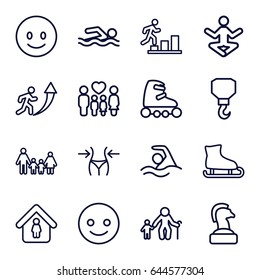 Figure icons set. set of 16 figure outline icons such as slim, man in home, hook, family, swimming, skate rollers, smiling emot, man going up, yoga, ice skating