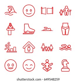 Figure icons set. set of 16 figure outline icons such as airport desk, man in home, gate, swimmer, swimming, ice skate, smiling emot, man going up, family, waist fitness, yoga
