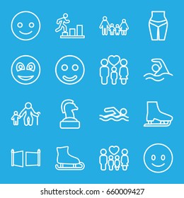 Figure icons set. set of 16 figure outline icons such as family, smiley, gate, swimming, ice skate, smiling emot, smile, man going up, old man with child, waist fitness