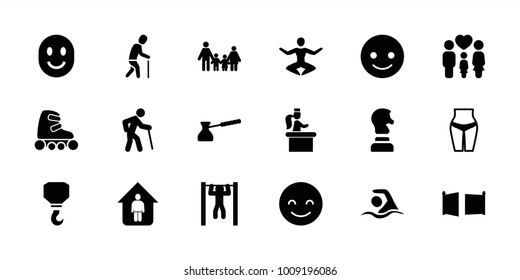 Figure icons. set of 18 editable filled figure icons: hook, smiling emot, family, old man, waist fitness, bar   tightening, turk, gate, swimming, skate rollers, airport desk