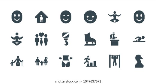 Figure icons. set of 18 editable filled figure icons: man in home, smiling emot, chess horse, old man with child, yoga, bar   tightening, family, airport desk, slim, hook