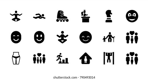 Figure icons. set of 18 editable filled figure icons: man in home, smiling emot, old man with child, waist fitness, yoga, bar   tightening, family, smiley, skate rollers