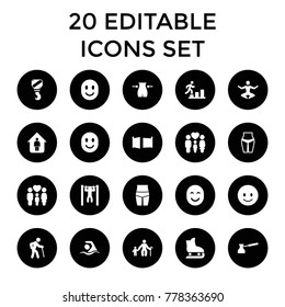 Figure icons. set of 20 editable filled figure icons such as slim, smiling emot, old man, old man with child, waist fitness. best quality figure elements in trendy style.