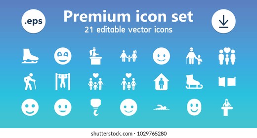 Figure icons. set of 21 editable filled figure icons includes airport desk, hook, smile, smiling emot, old man, ice skating, bar   tightening, family, smiley, gate, ice skate