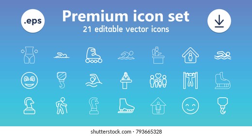 Figure icons. set of 21 editable outline figure icons includes airport desk, man in home, hook, smiling emot, chess horse, old man, swimming man, bar   tightening, family