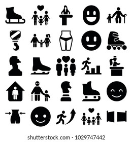 Figure icons. set of 25 editable filled figure icons such as airport desk, slim, smiling emot, chess horse, old man with child, waist fitness, ice skating, family, gate