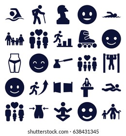 Figure icons set. set of 25 figure filled icons such as airport desk, slim, smiling emot, bar   tightening, family, turk, gate, swimming, skate rollers, swimmer, man going up