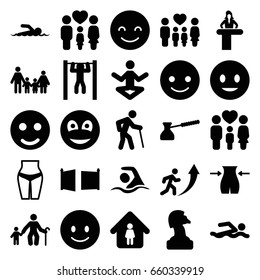 Figure icons set. set of 25 figure filled icons such as airport desk, slim, man in home, smiling emot, bar   tightening, family, smiley, turk, gate, swimming, swimmer