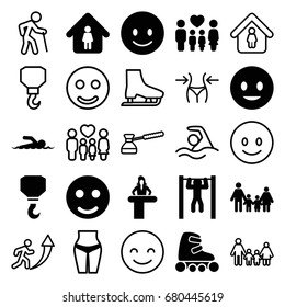 Figure icons set. set of 25 figure filled and outline icons such as airport desk, man in home, hook, smiling emot, bar   tightening, family, skate rollers, swimmer, slim, turk