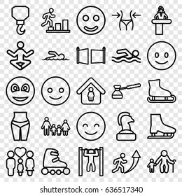 Figure icons set. set of 25 figure outline icons such as airport desk, slim, man in home, hook, bar   tightening, family, smiley, turk, gate, swimmer, skate rollers, ice skate
