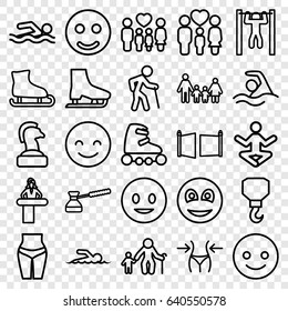 Figure icons set. set of 25 figure outline icons such as airport desk, slim, hook, bar   tightening, family, smiley, turk, gate, swimmer, swimming, skate rollers, ice skate