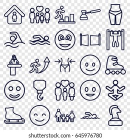 Figure icons set. set of 25 figure outline icons such as airport desk, slim, man in home, hook, bar   tightening, family, smiley, turk, gate, swimmer, swimming, skate rollers