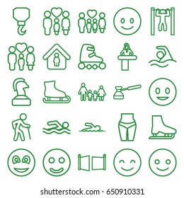 Figure icons set. set of 25 figure outline icons such as airport desk, man in home, hook, bar   tightening, family, smiley, turk, gate, swimmer, swimming, skate rollers