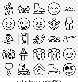 Figure icons set. set of 25 figure outline icons such as airport desk, man in home, hook, bar   tightening, family, smiley, turk, swimmer, swimming, skate rollers, ice skate