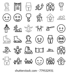 Figure icons. set of 36 editable outline figure icons such as airport desk, slim, man in home, hook, smile, smiling emot, chess horse, family, old man, waist fitness, yoga