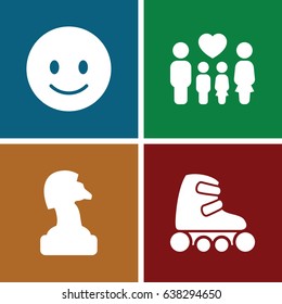 Figure icons set. set of 4 figure filled icons such as smiling emot, family, skate rollers