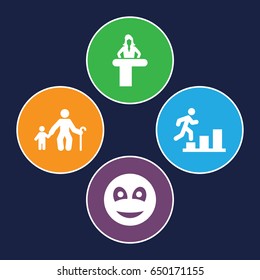 Figure icons set. set of 4 figure filled icons such as airport desk, smiley, man going up