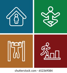 Figure icons set. set of 4 figure outline icons such as man in home, bar   tightening, man going up
