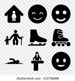 Figure icons set. set of 9 figure filled icons such as airport desk, man in home, smiling emot, skate rollers, ice skate, swimmer, smile