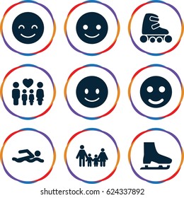 Figure icons set. set of 9 figure filled icons such as smiling emot, family, skate rollers, ice skate, smile