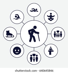 Figure icons set. set of 9 figure filled icons such as airport desk, smiling emot, family, swimming, old man, swimming man, yoga