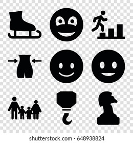 Figure icons set. set of 9 figure filled icons such as slim, hook, smiling emot, smiley, man going up, chess horse, family