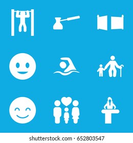 Figure icons set. set of 9 figure filled icons such as airport desk, smiling emot, bar   tightening, family, turk, gate, swimming