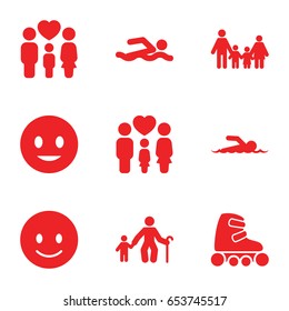 Figure icons set. set of 9 figure filled icons such as smiling emot, family, skate rollers, swimmer, old man with child