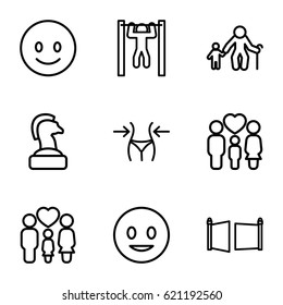 Figure icons set. set of 9 figure outline icons such as slim, bar   tightening, family, gate, smiling emot, old man with child