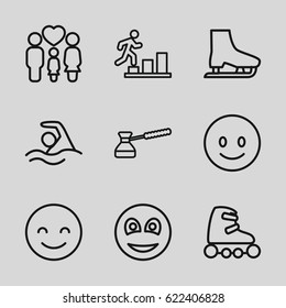 Figure icons set. set of 9 figure outline icons such as family, smiley, turk, swimming, skate rollers, ice skate, smiling emot
