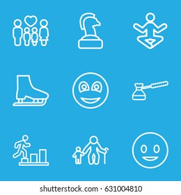 Figure icons set. set of 9 figure outline icons such as family, smiley, turk, ice skate, smiling emot, man going up, old man with child, yoga