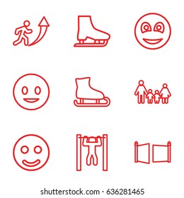 Figure icons set. set of 9 figure outline icons such as bar   tightening, smiley, gate, ice skate, smiling emot, smile, man going up, family