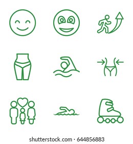 Figure icons set. set of 9 figure outline icons such as slim, family, smiley, swimmer, swimming, skate rollers, smiling emot, man going up