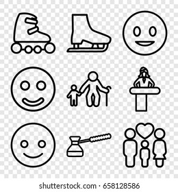 Figure icons set. set of 9 figure outline icons such as airport desk, family, turk, skate rollers, ice skate, smiling emot, smile