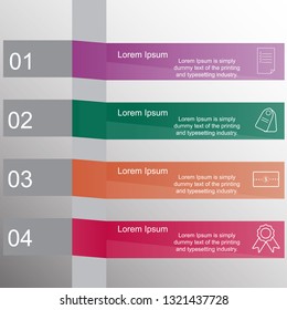 In the figure infogaphic on four positions in the form of curved rectangles, with numbers, icons,
examples of text processing,
multi-colored Infographics for business, project, presentation