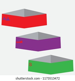 The figure is infographic in 3D, with red, violet, green, with icons. Infographics with icons for text. Business presentation, infographics for text in the magazine.