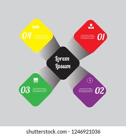 The figure is infographic in the form of 3D, infographic of purple, red, yellow, green, black, with icons characterizing business. Infographics for business, project, presentation.