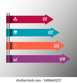 The figure is infographic in the form of 4 colored arrows, the figure icons, the number of steps and the ability to insert text. Infographics for business, project, presentation.