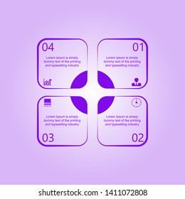 The figure is infographic in the form of purple squares, infographics in 4 steps. Infographics with numbers, icons and example text description, all data is edited. Infographics for a site, a project,