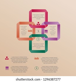 The figure is infographic in the form of squares, in four positions. Infographics for business, project, presentation. With text, numbers, icons.