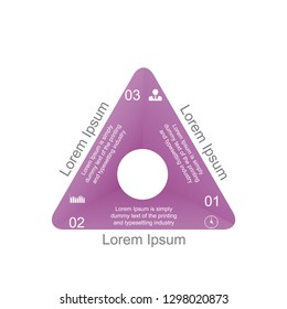 The figure is infographic in the form of a triangle, infographic of purple color, icons, numbers. Infographics with an example of outright text, project, business.