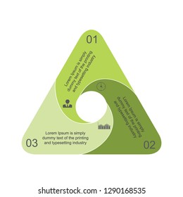In the figure infographic in green in three positions, a triangle with numbers, icons. Infographics for business, project, presentation.