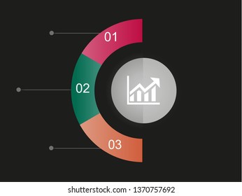 In the figure infographic on 3 positions in the form of semicircles, different colors, on a black background, with an icon of white and numbers, a place for text. Infographics for business, project, 