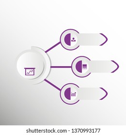 In the figure infographic on 3 positions in the form of squares and a circle, violet, on a dark background, with icons and numbers, a place for text. Infographics for business, project, presentation.