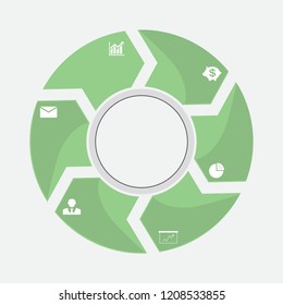 In the figure infographic on 5 positions, circle of green color, infographics icons. Infographics for presentation, business, project.