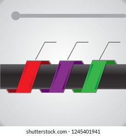 The figure is infographic on three positions in red, violet and green colors. Infographics on a dark background. Infographics for presentation, business, project.