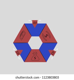The figure is an infographic for the text of three positions, with icons that symbolize the dollar. infographic from red and blue. Business proposal, presentation, for a magazine, business report