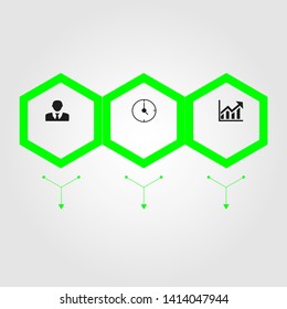 The figure is an infographic with three hexagons in three steps with icons, for typing text. Infographics for business, project, presentation.